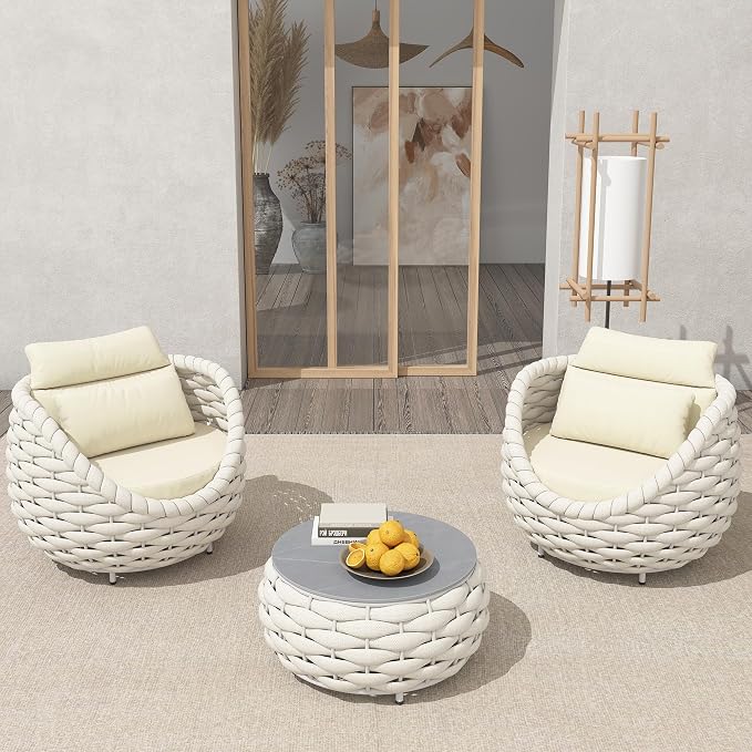 TWT 3 Pieces Aluminum Patio Furniture Set, Hand Woven Polyester Rope Modern Outdoor Furniture w/Washable Cushion and Rock Slab Tabletop, Conversation Sofa Set for Livingroom Poolside Balcony (Beige)
