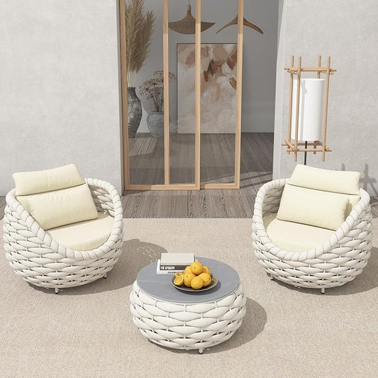 TWT 3 Pieces Aluminum Patio Furniture Set, Hand Woven Polyester Rope Modern Outdoor Furniture w/Washable Cushion and Rock Slab Tabletop, Conversation Sofa Set for Livingroom Poolside Balcony (Beige)