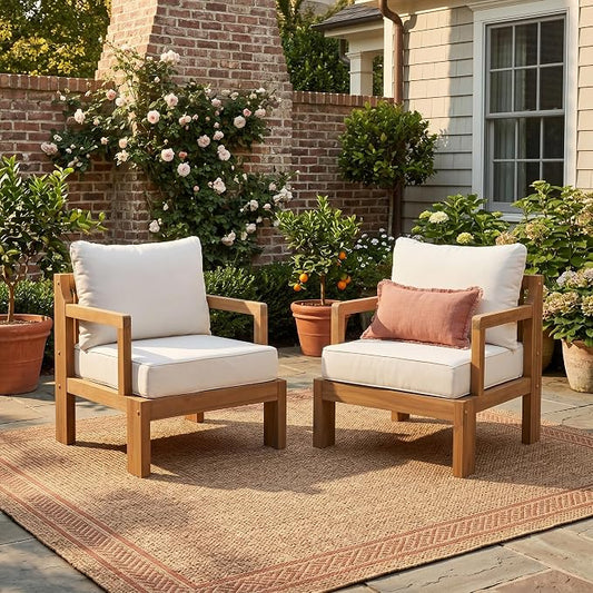 JIVOIT Outdoor Acacia Wood Patio Chair Set of 2, Outdoor Armchair Accent Chair with Thick Cushions for Garden, Backyard, Balcony, Poolside