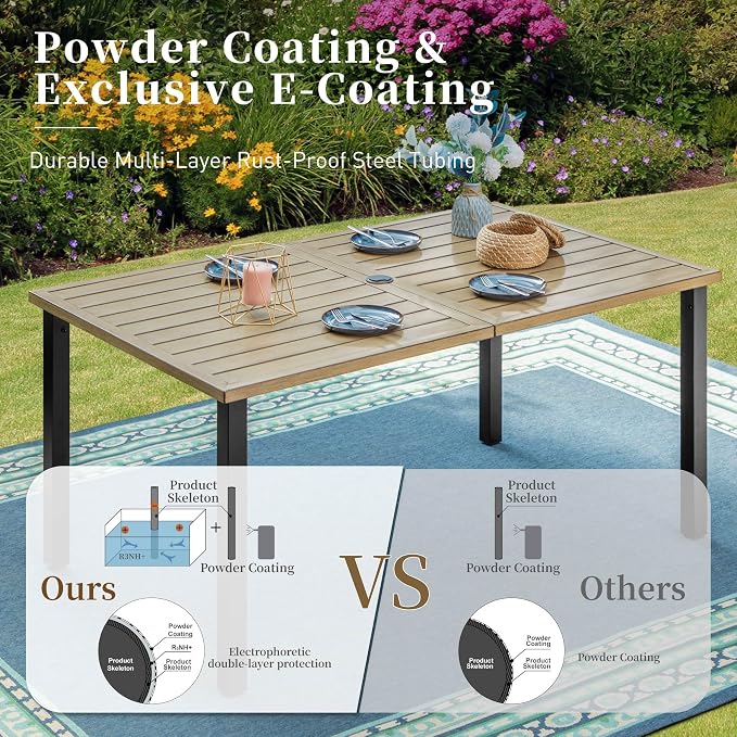 SUNSHINE VALLEY 60" Patio Dining Table for 6,Teak Color Rectangle Patio Table with Umbrella Hole,E-Coating and Powder Coating Steel Frame Metal Outdoor Patio Table for Garden Backyard Lawn Yard