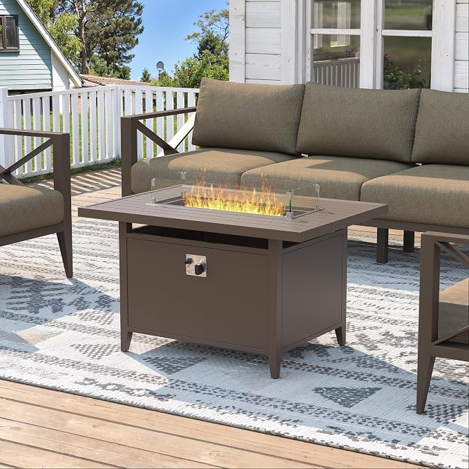 Aluminum Patio Furniture Set with Oversized Fire Pit Table, 7-Piece All-Weather Outdoor Conversation Set with Swivel Rocking Chairs, Oversized Modern Sofa for Backyard, Deck, Balcony-Brown