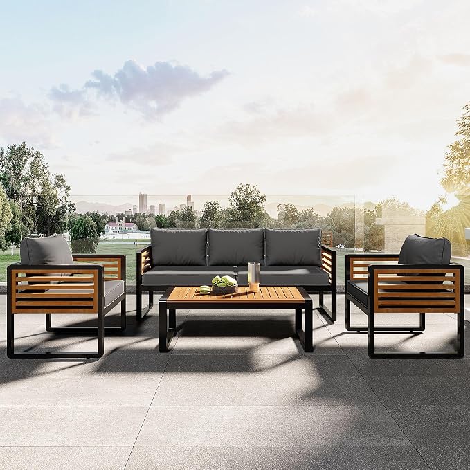 SOFTSEA 4-Piece Patio Acacia Wood Sofa Set, Outdoor Conversation Set with Heavy Duty Metal Frame & All Weather Cushions, Acacia Wood Sofa Set with Coffee Table for Balcony, Poolside, Grey