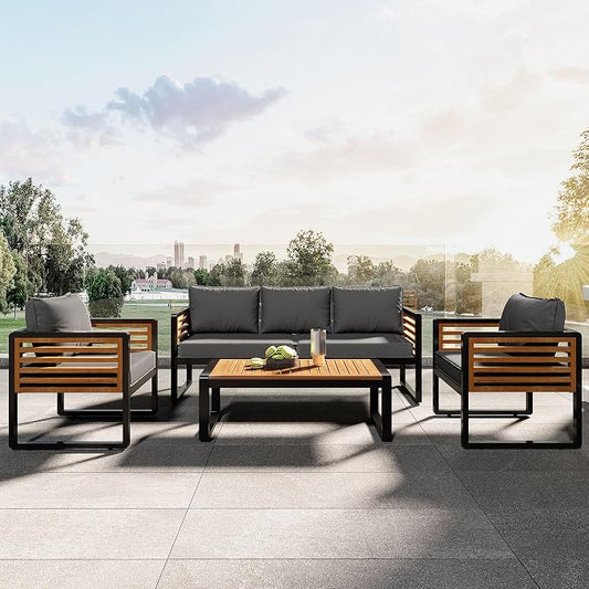 SOFTSEA 4-Piece Outdoor Patio Conversation Set with Coffee Table, Acacia Wood Patio Sofa Set with Thick Cushions & Metal Legs, All-Weather Patio Furniture Set for Backyard Garden Deck, Gray