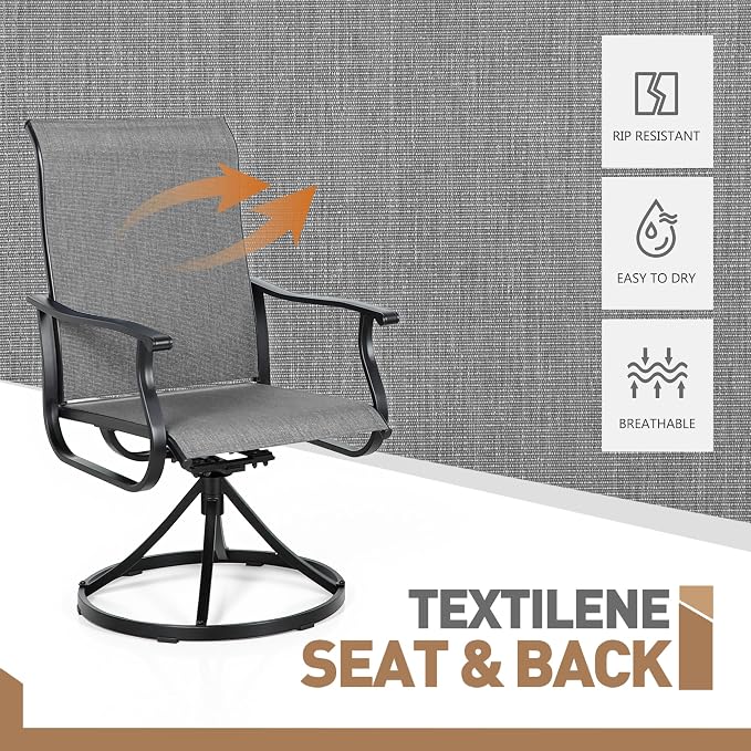 Crownland Outdoor Swivel Dining Chair Set of 2, All Weather 360° Swivel Rocking High Back Model Patio Dining Chairs, Textilene Fabric Wrought Iron Chair Set for Backyard, Lawn, Garden(Grey)