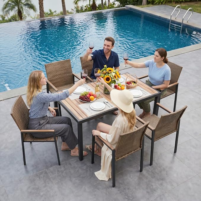 BEEFURNI Wicker Patio Furniture Dining Set, Outdoor Patio Table and Chairs Set, Rattan Outdoor Furniture Set, Acacia Wood Table, Chairs, Weather Proof Set for Porch, Backyard (Brown)