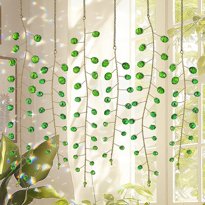 6 Pcs Crystal Beaded Suncatchers Artificial Green Plants Hanging Wind Chime | Beaded Glass Plant Suncatcher with Chain for Window Indoor Outdoor Potted Plants Decorations Plant Lover Gift