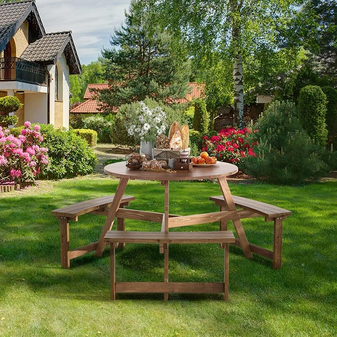 GYMAX Picnic Table, 6 People 1720lbs Wooden Picnic Table Bench Set with Umbrella Hole, Heavy Duty Outdoor Camping Dining Table with Seat for Patio Lawn Backyard Garden Deck Poolside