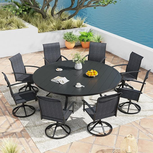 9 Pieces Outdoor Patio Dining Table Set, 63" All Weather Round Metal Table with Umbrella Hole and 8 High Back Textilene Swivel Chairs for Garden, Lawn, Poolside, Black