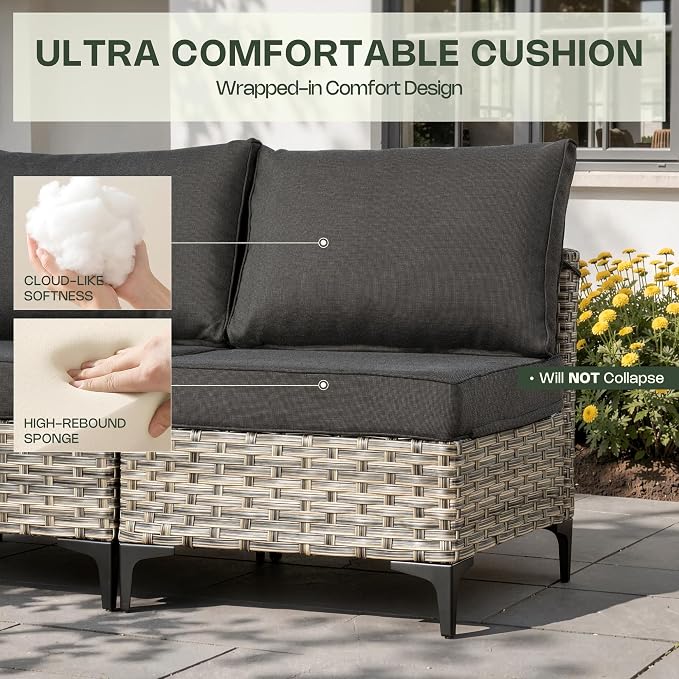 8 Pieces Patio Furniture Set, Outdoor Conversation Set with 360° Swivel Rocker Chairs, Wicker Sectional Sofa & Solar Powered Lighted Table, High Back Outdoor Furniture for Backyard & Deck, Black