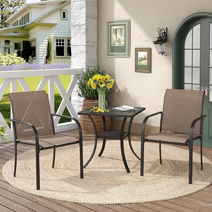 DIFY 3-Piece Outdoor Patio Bistro Dining Set, Black Small Square Dining Table & 2 Brown Stackable Metal Chairs with Breathable Fabric, Outdoor Furniture Set for Balcony, Porch, and Deck
