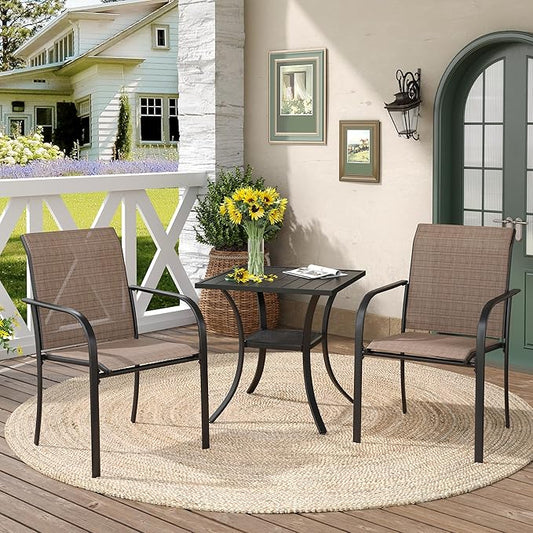 DIFY 3-Piece Outdoor Patio Bistro Dining Set, Black Small Square Dining Table & 2 Brown Stackable Metal Chairs with Breathable Fabric, Outdoor Furniture Set for Balcony, Porch, and Deck