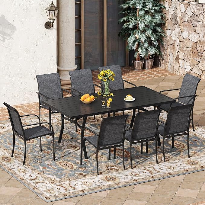 VICLLAX 9 Pieces Patio Outdoor Dining Set, 70" Outdoor Rectangular Metal Dining Table with Umbrella Hole and 8 Stackable Textilene Chairs for Lawn, Garden, Porch, Black/Grey