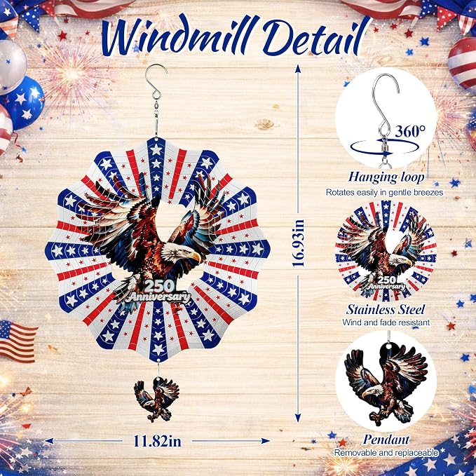 250th Anniversary American Eagle Flag 12 Inch Wind Spinner | Stainless Steel Outdoor Garden Decor with 3D American Flag Design, Hanging Yard Art for Patio & Indoor, Gifts for Men & Dad