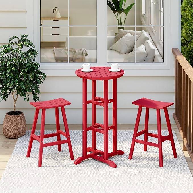 Costaelm Outdoor Bar Table, 42" Counter Height Round Patio Cocktail Bar Table, Patio Bar Table 3-Pieces Set Bistro Dining Table Pub Table for Deck, Backyard, Garden, Red
