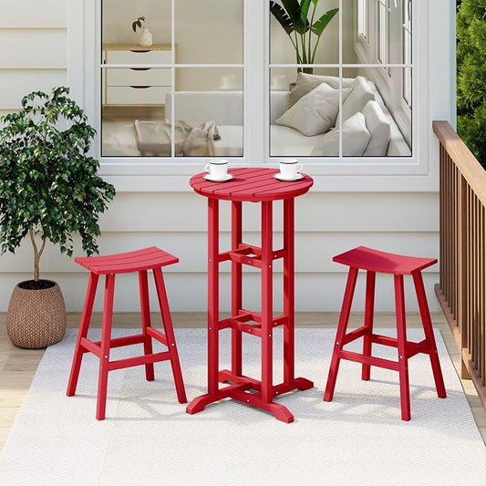 Costaelm Outdoor Bar Table, 42" Counter Height Round Patio Cocktail Bar Table, Patio Bar Table 3-Pieces Set Bistro Dining Table Pub Table for Deck, Backyard, Garden, Red