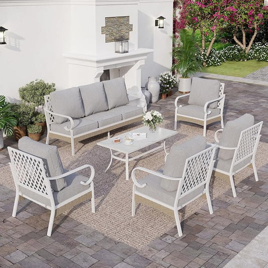 SUNSHINE VALLEY 6 Piece Metal Outdoor Patio Furniture Set, Patio Conversation Sets 1 3-Seater Sofa, 4 Single Sofa with 5.75" Extra Thick Cushion and Coffee Table, White Frame Backyard Furniture, Gray