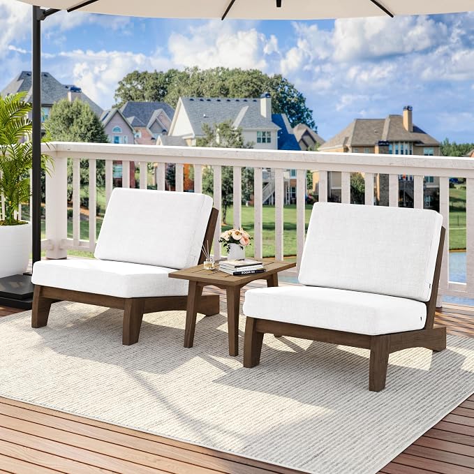 3 Piece Wood Outdoor Chairs Patio Bistro Set with Side Table, All Weather Outdoor Furniture Patio Sofa Chair Backyard Seating Group - Beige