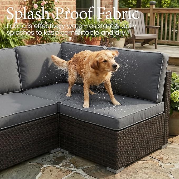 LayinSun 8 Piece Patio Furniture Set with 44" Propane Gas Fire Pit Table, Outdoor Sectional Conversation Set Wicker Rattan Sofa Set with Coffee Table