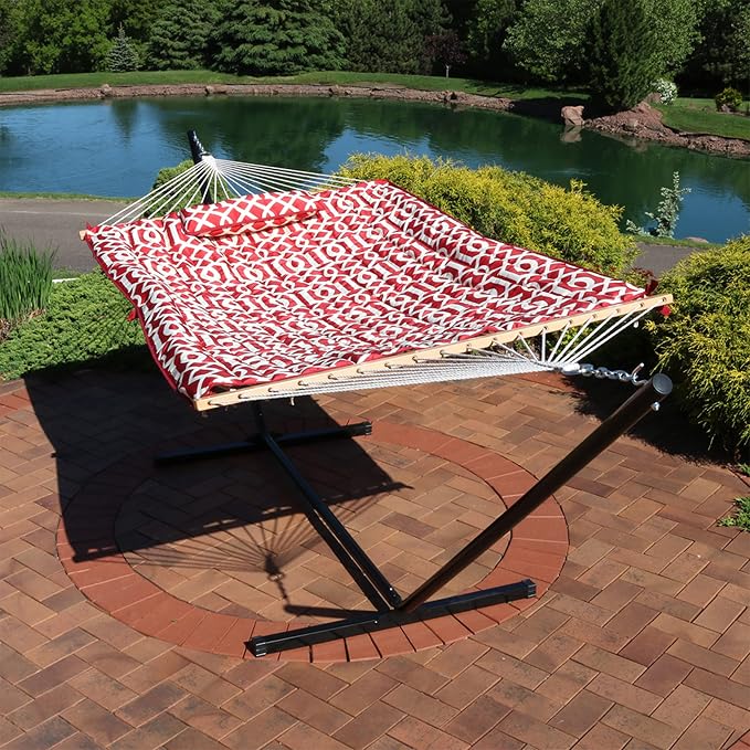 Sunnydaze Rope Double Hammock with Stand for Outside - Heavy Duty Freestanding Portable Outdoor Hammock Set with Quilted Pad, Pillow, and 12-Foot Steel Frame - 450 lb Capacity - Royal Red