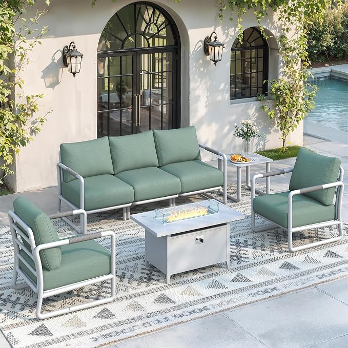 Outdoor Aluminum Patio Furniture Set with 43" Fire Pit Table,5-Seat Outdoor Conversation Set with 6.5" Thick Cushions & Coffee Table, All-Weather Patio Set for Backyard，White