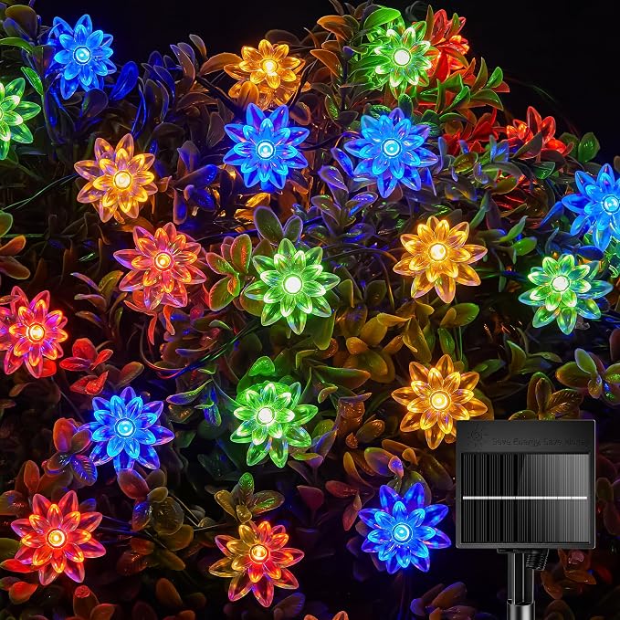 Brightown 50 LED Flower Solar String Lights Outdoor Waterproof, Multicolor | Solar Powered Fairy Lights with 8 Modes for Garden Fence Yard Patio Christmas Tree Party Wedding Decor