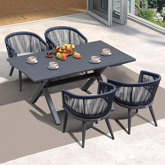 PURPLE LEAF Outdoor Dining Set for 4 All-Weather 5 Pieces Patio Aluminium Dining Table and Rope Weave Chairs Included Cushions for Backyard Deck Indoor Decor Kitchen Patio Furniture Set Gray and Navy