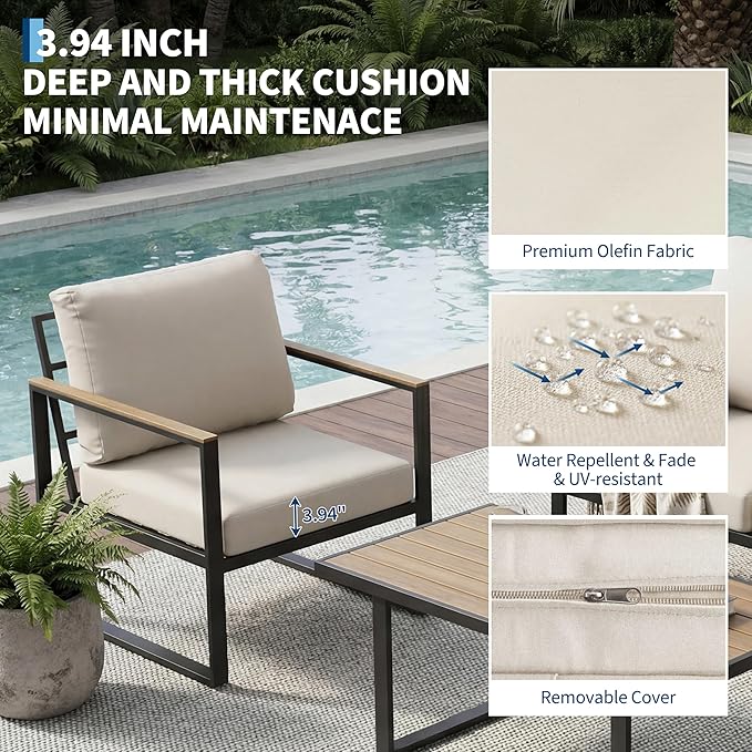 IDEALHOUSE 4-Piece Outdoor Patio Furniture Set, Patio Furniture Set, Metal Conversation Set with Coffee Table and Washable High-Resiliency Cushions, Beige