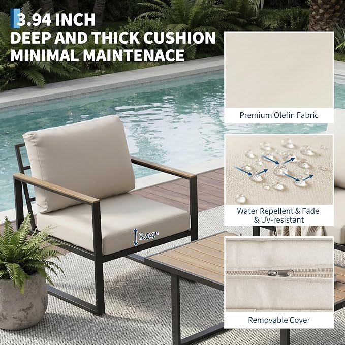 4-Piece Outdoor Patio Furniture Set, Conversation Sofa Set with Table, Metal Frame, All-Weather, UV Resistant & Waterproof Couch for Garden, Balcony, Backyard