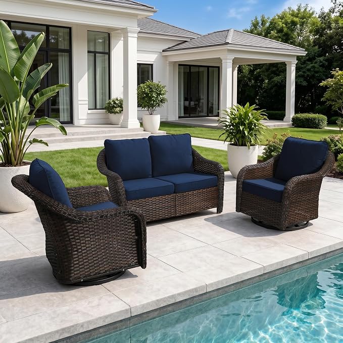 3 Piece Patio Wicker Conversation Set, All-Weather Use Outdoor Wicker Loveseat with 2 PE Rattan 360 Swivel Chair, Ideal for Porch, Backyard, Balcony, Poolside, Blue