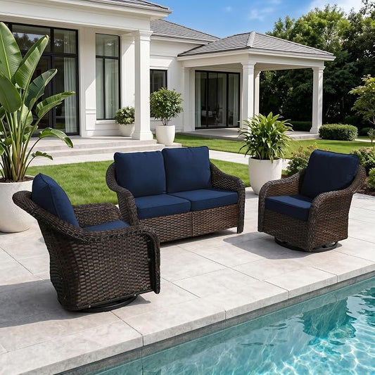 3 Piece Patio Wicker Conversation Set, All-Weather Use Outdoor Wicker Loveseat with 2 PE Rattan 360 Swivel Chair, Ideal for Porch, Backyard, Balcony, Poolside, Blue