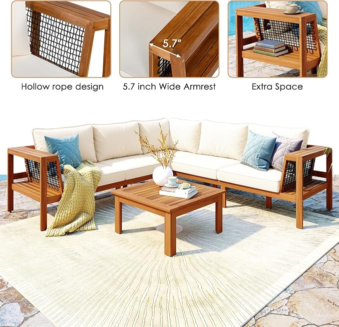4 Piece Outdoor Acacia Wood Patio Sofa Set, L Shaped Conversation Seating with Woven Rope Armrests, Coffee Table, Cushions & Pillows, Modern Garden Furniture for Backyard, Balcony, Deck, Poolside