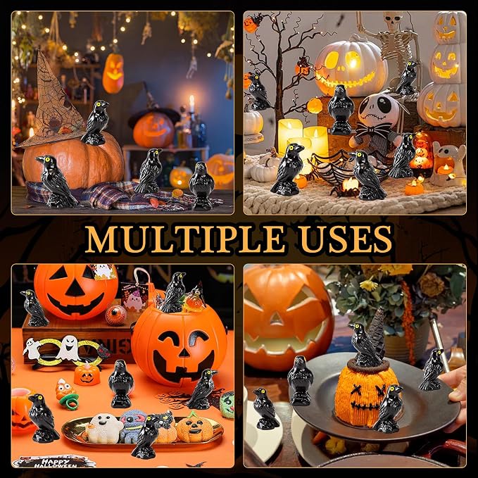 60 Pcs Miniature Resin Crows Black Raven Figurines Spooky Halloween Decor Tiny Animals for Terrariums & DIY Crafts