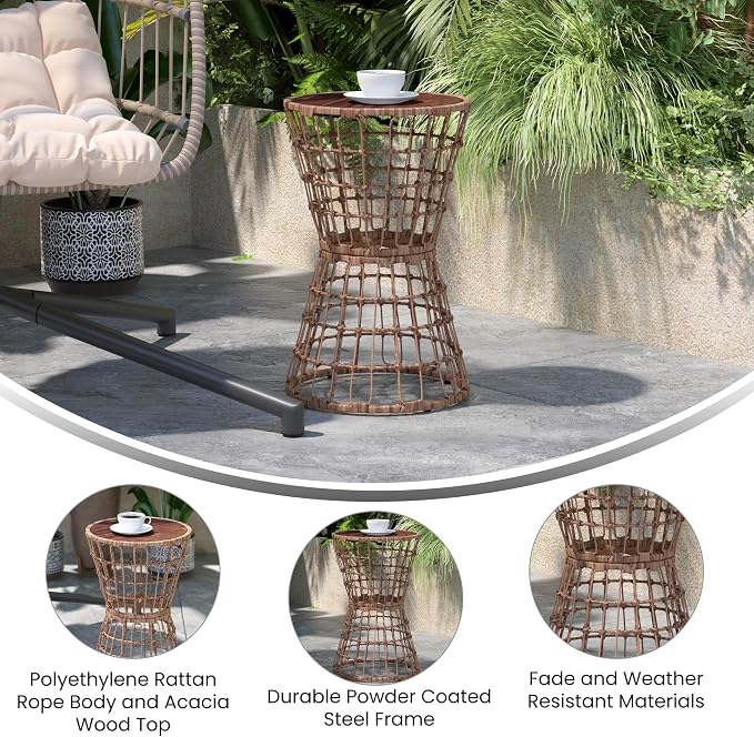 EMMA + OLIVER Ari Indoor/Outdoor Patio Table - Natural Finish Faux Rattan Rope - Acacia Wood Top - Powder Coated Steel Frame - 200 lb. Static Weight Capacity