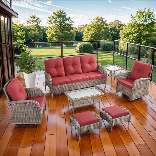 7 Piece Patio Furniture Set - Wicker Patio Conversation Set with Swivel Glider, 3 Seat Sofa, 2 Ottomans, Glass Side Table and Coffee Table for Deck Backyard - Grey Wicker Red Cushion
