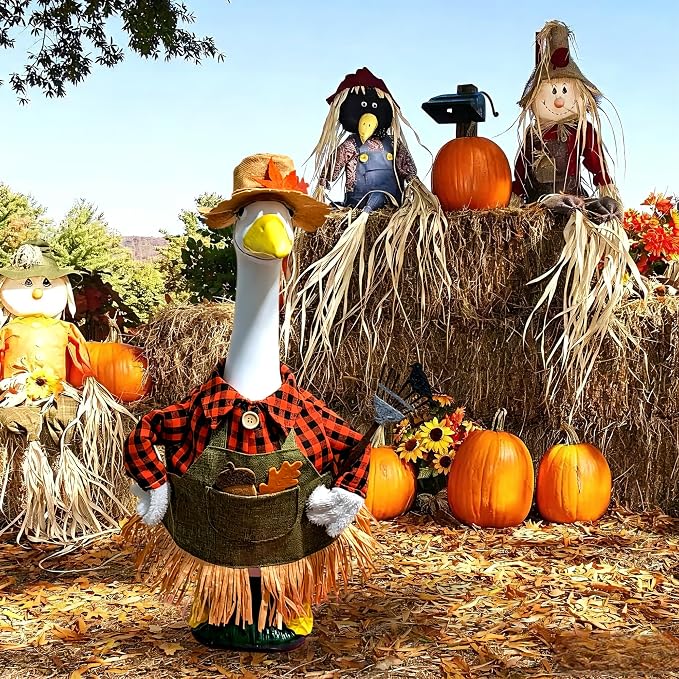 Fall Scarecrow Porch Goose Outfit – 3Pcs Harvest Farmer Costume with Straw Hat, Plaid Shirt Apron & Pitchfork Prop for 23'' Lawn Goose Statue, Outdoor Patio Yard Autumn Thanksgiving Halloween Decor