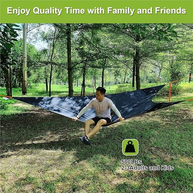 13-Ft Extra-Large Capacity Triangular Hammock, Portable Multi-Person Treehouse Tent for Outdoor Camping, with Straps and Net Bag, 500 lb Load Capacity