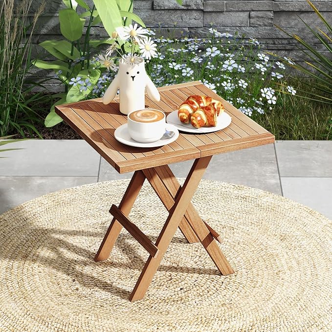 RELAX4LIFE Folding Outdoor Side Table - Set of 2 Teak Wood End Table, Square Coffee Bistro Table w/Slatted Tabletop, Portable Picnic Camp Table for Poolside Porch Garden, Foldable Small Patio Table