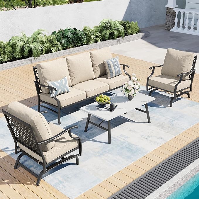 SUNSHINE VALLEY Patio Furniture Set, 4 Piece Modern Metal Outdoor Patio Furniture, 3 Seater Sofa, 2 Rocking Chairs, Coffee Table and 5.75" Extra Thick Cushion, Patio Conversation Set for Deck Backyard