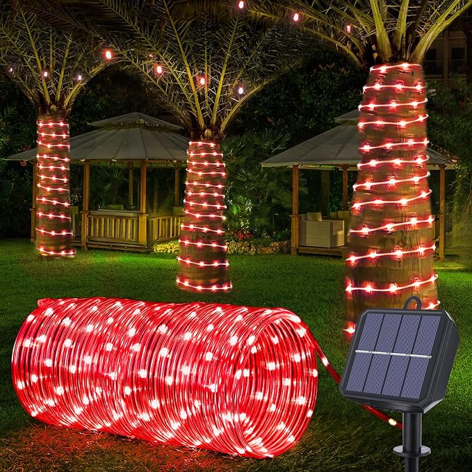 Jnaurb Solar Rope Lights, 66ft 200LED Solar String Lights, 8 Modes Waterproof Solar Outdoor Light, Flexible Clear Trampoline Light for Garden Backyard Patio Deck Porch Pool Tree Decor - Red
