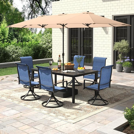 Outdoor Dining Set for 6, 8 Pieces Patio Table and Chairs Set with Umbrella, 63" Outdoor Dining Table and Padded Textilene Patio Swivel Chairs for Garden Backyard, Dark Blue and Black