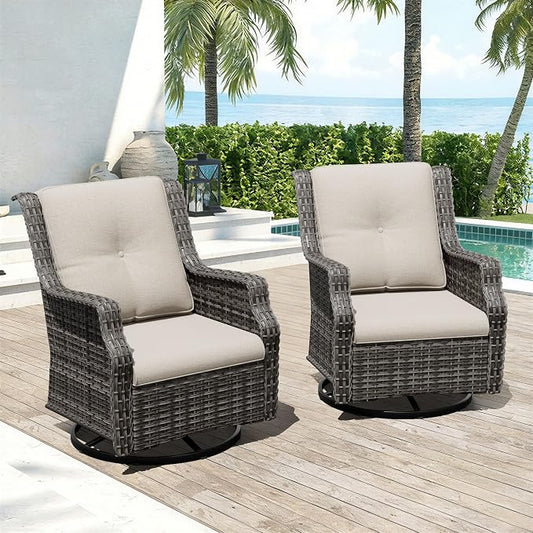 Swivel Patio Chairs Set of 2, Wicker Patio Furniture with Thick Cushions, Curved Armrest, Deep Seating, Rattan Outdoor Chairs for Porch, Deck, Balcony