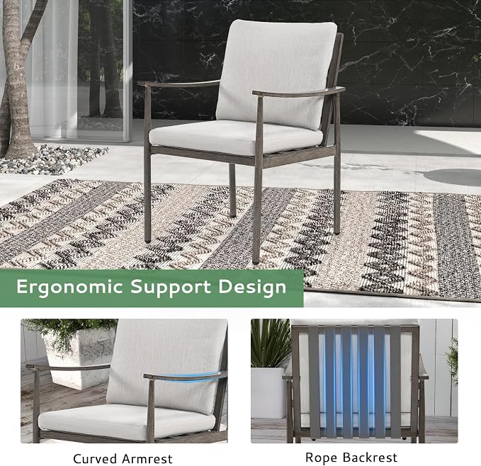 9-Piece Outdoor Dining Set for 8, Aluminum Dining Set with Cushions, 6 Dining Chairs and 2 Swivel Chairs with Rope Backrest, Large Rectangular Table with Umbrella Hole for Lawn Porch Yard,Grey