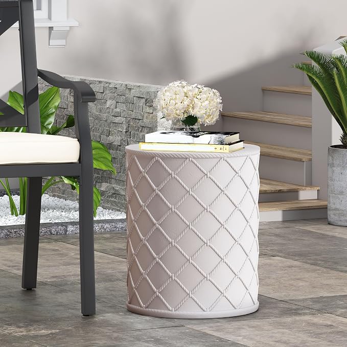 Outdoor Side Table 15.25" Cylindrical Shape Lightweight Concrete-Look Outdoor Indoor Accent Table Decorative Garden Stools, for Patio Porch Living Room, White