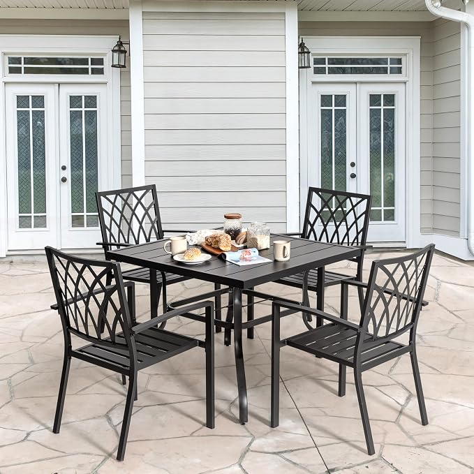 NUU GARDEN 5 Piece Outdoor Dining Set, Metal Patio Dining Chairs Stackable and Square Dining Table with Umbrella Hole for Backyard, Deck, Yard, Garden, Black