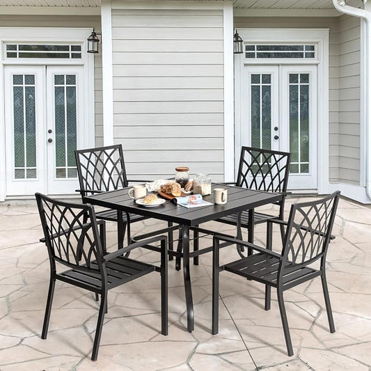 NUU GARDEN 5 Piece Outdoor Dining Set, Metal Patio Dining Chairs Stackable and Square Dining Table with Umbrella Hole for Backyard, Deck, Yard, Garden, Black
