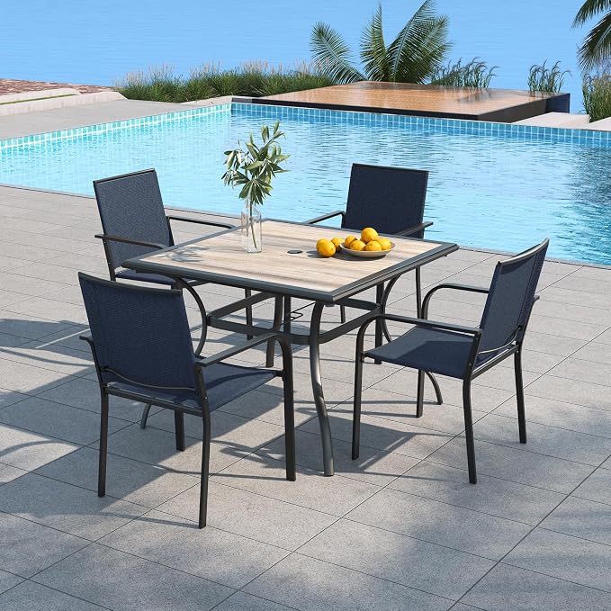 Outdoor Patio 37" PVC Square Table and NavyBlue Stackable Chairs Set of 5 | Stackable Chairs, Square Table, Table and Chair with Metal Frame, Pvc Table Top, All Weather, Textilene fabric Seat and Back
