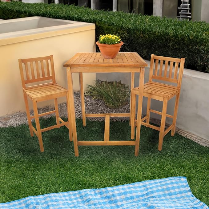 Sunnydaze 3-Piece Teak Wood Bar-Height Patio Table Set - Outdoor Bar Table and Chairs - for Balcony, Home Bar, or Deck