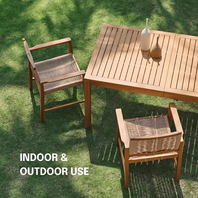 NTC Luno Set of 2 Solid Wood Lounge Armchairs with Handwoven Rope Seat & Back, Indoor & Outdoor Wooden Chairs for Patio Dining Sets, Modern Patio Lounge Chairs, Easy Assembly, Natural