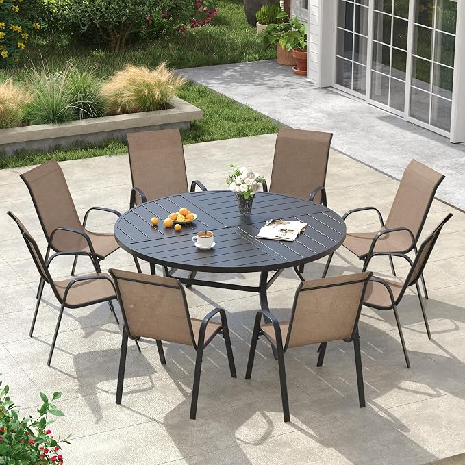 VICLLAX Round Outdoor Patio Dining Set for 8, Metal Slatted Patio Table with Umbrella Hole and 8 Stackable Patio Chairs for Deck Lawn Garden, Brown Fabric and Black Tabletop