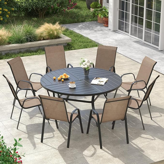 VICLLAX Round Outdoor Patio Dining Set for 8, Metal Slatted Patio Table with Umbrella Hole and 8 Stackable Patio Chairs for Deck Lawn Garden, Brown Fabric and Black Tabletop
